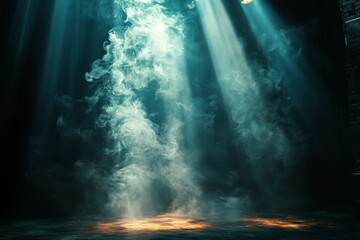 Leinwandbilder - Dramatic lighting and smoke create a captivating atmosphere in an empty performance space during the evening