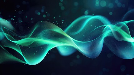 Wall Mural - Perspective illustration of abstract green and blue wave light effects featuring magic luminous azure glow on a dark background Designed as an abstract neon motion with glowing wavy