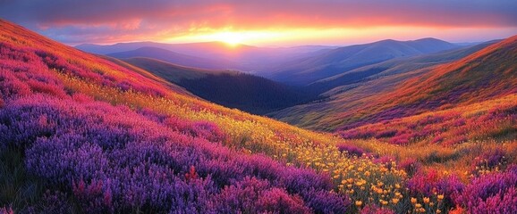 Wall Mural - Vibrant Wildflower Hills at Sunset