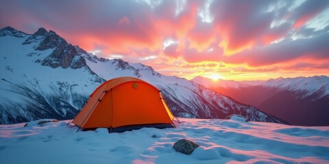 a serene mountain campsite at sunrise
