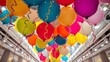 © Jiw - Colorful Balloons, Curly Strings, Low Angle View, Bright Colors,  High-Quality AI Photo