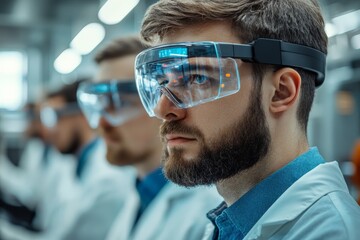 Aufkleber - Scientists in lab coats engaged in research wearing futuristic safety goggles in a modern laboratory environment