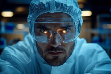 Aufkleber - Scientist in protective gear examines samples in a high-tech laboratory at night