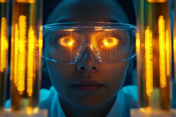 Aufkleber - Scientist examines glowing liquid in test tubes during laboratory experiment late at night