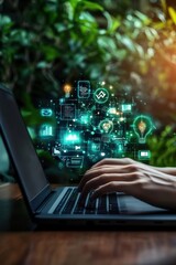 Aufkleber - This image captures a person's hands typing on a laptop surrounded by glowing digital elements, symbolizing creativity, innovation, and the merging of nature with technology.