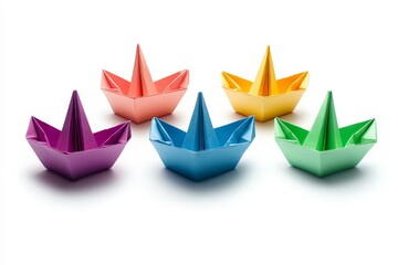 Poster - Colorful origami boats arranged in a playful display showcasing various vibrant hues against a white background