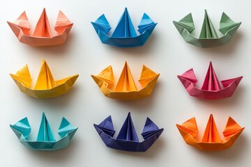 Poster - Colorful origami boats arranged in a creative pattern on a white background showcasing artistic craftsmanship
