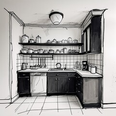 Wall Mural - Pantry area art black and gray flat design simple line hand drawing on plain white background