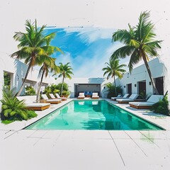 Wall Mural - Pool lounge area art white and green flat design simple line hand drawing on plain white background