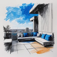 Wall Mural - Rooftop sitting area art silver and blue flat design simple line hand drawing on plain white background