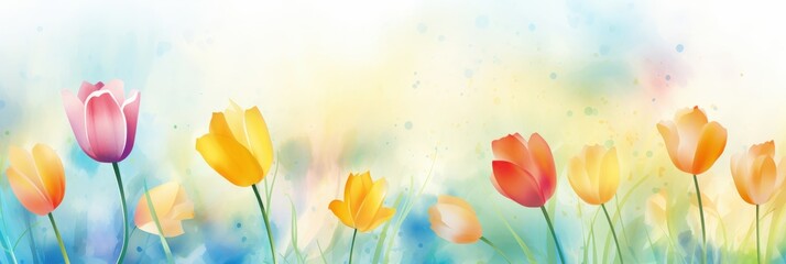 Wall Mural - Vibrant Spring Background with Colorful Tulips in a Soft Watercolor Style for Holiday Decor and Seasonal Designs