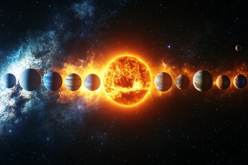 Aufkleber - Planets orbiting a bright sun in a vast starry space with colorful nebulas and cosmic dust