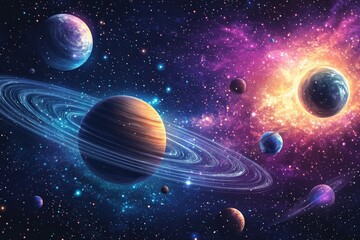 Aufkleber - Stunning cosmic landscape featuring planets, stars, and vibrant nebulae in a vast universe