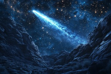 Poster - A comet streaks across a starry night sky above rugged rocky terrain in a remote landscape