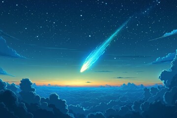 Poster - Bright comet streaks through twilight sky over serene clouds at dusk