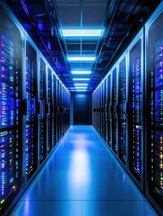 Aufkleber - This mesmerizing server room showcases rows of illuminated racks, embodying the pulse of modern technology and data management in a visually striking blue-lit environment.