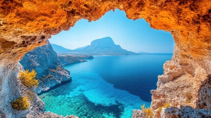 Sticker - Cave view of turquoise Mediterranean Sea, mountain, and coastline