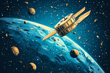 Aufkleber - Satellite orbits Earth surrounded by asteroids in a vibrant cosmic environment