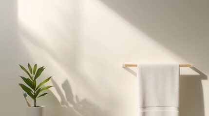 Wall Mural - A white towel hangs on a wooden rack next to a potted plant