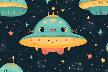 Aufkleber - Alien spaceships with cartoon faces float in a starry night sky filled with colorful stars and planets