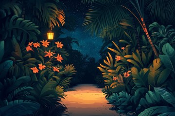 Aufkleber - Pathway illuminated by lanterns surrounded by lush vegetation at night in a tropical setting