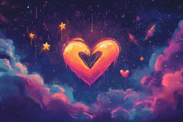 Poster - Vibrant heart rising through cosmic clouds under twinkling stars in a colorful night sky