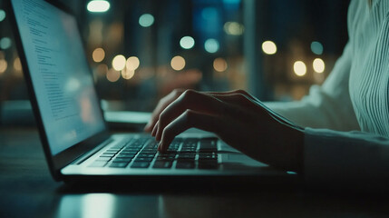 Poster - Woman Typing on Laptop Night City Lights Background Freelance Work Dark Blue Glow Home Desk Hands   