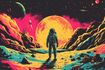 Aufkleber - Colorful astronaut stands before a vibrant cosmic landscape with planets and stars in the background at night