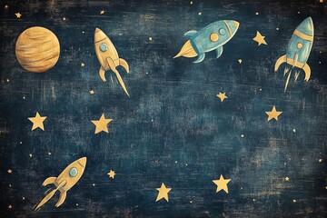 Aufkleber - Colorful rockets soaring through a starry night sky with a distant planet