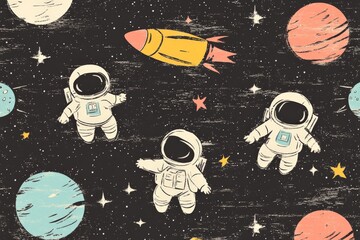 Aufkleber - Space-themed illustration with astronauts, planets, and rocket in vibrant colors