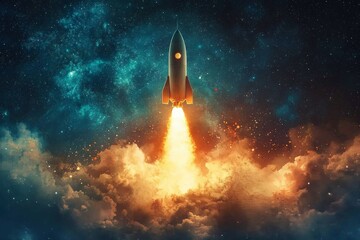 Poster - Rocket launches into the starry night sky, leaving a trail of flames and smoke behind, showcasing the power of space exploration and technology