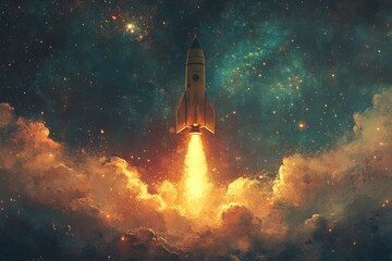Poster - Rocket launches into space against a backdrop of colorful galaxies and stars, illuminating the dark cosmos