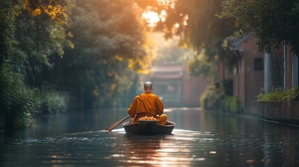 buddhist tradition of a monk rowing a wooden boat along a calm canal to collect food in an alms bowl, symbolizing peace and spiritual devotion in buddhist culture