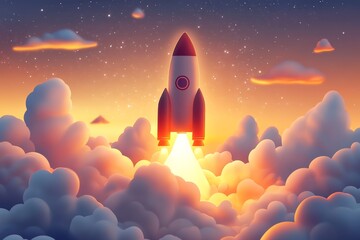 Poster - Rocket launch at sunset illuminating clouds with vibrant colors and a magical atmosphere