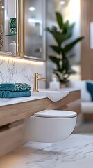 Sticker - Modern bathroom interior featuring sleek fixtures, decorative towels, and lush greenery