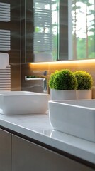 Sticker - Modern bathroom interior featuring sleek sinks, greenery, and natural light enhancing the ambiance