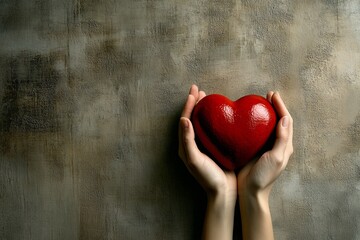 Poster - Hands holding a red heart symbol against a textured background expressing love and connection