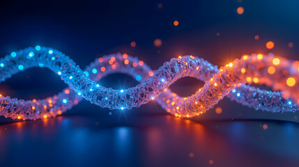 Fototapete - Abstract illustration of dynamic intertwined strands with glowing blue and orange lights against a dark backdrop showcasing energy and motion