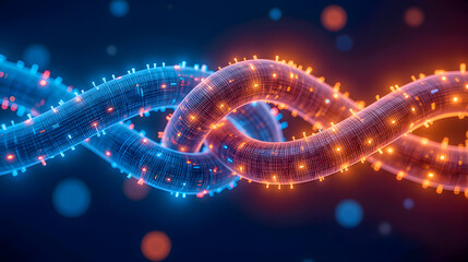Fototapete - Abstract 3D Illustration of Twisting Colorful Strands with Glowing Nodes and Soft Bokeh Background for Technology and Science Concepts
