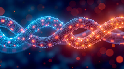 Poster - abstract digital representation of a twisted helix structure illuminated with vibrant lights and bok