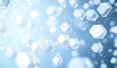Light blue background with hexagons and white bokeh effect, soft gradient at the bottom edge, pale yellow accents