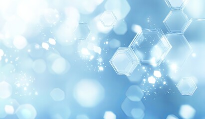 Light blue background with hexagons and white bokeh effect, soft gradient at the bottom edge, pale yellow accents