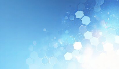 Light blue background with hexagons and white bokeh effect, soft gradient at the bottom edge, pale yellow accents