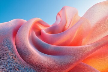 Poster - Beautiful silk-like fabric waves in pink and coral tones against a clear blue sky background