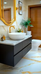 Sticker - Modern bathroom interior with elegant sink, stylish decor, and warm wooden accents