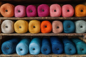 Poster - Colorful yarn spools neatly arranged on wooden shelves in a cozy craft shop
