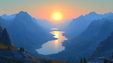 Sticker - Majestic sunset over mountain lake valley