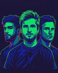 Wall Mural - Three stylized male figures with vibrant, neon colors against a dark background, showcasing a modern, artistic design.