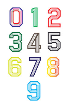 Number vector. colorful grid of stylized numbers with layered outlines. vibrant multi-layered number designs on a white background. artistic display of modern, uniquely colored numerals from 0 to 9.