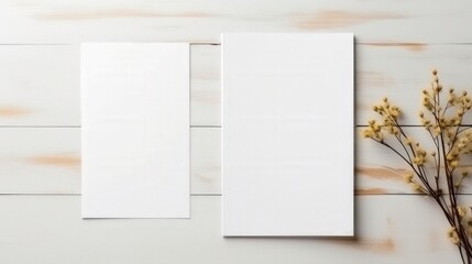 Poster - Two Blank Papers Mockup on Flat Lay Surface with a Touch of Chaos and Floral Accents in Natural Light